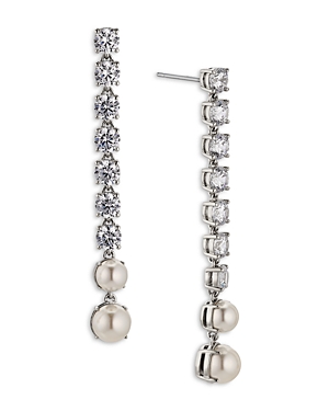 Shop Nadri Gwen Cubic Zirconia & Imitation Pearl Tennis Style Linear Drop Earrings In Silver/white
