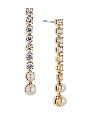 Shop Nadri Gwen Cubic Zirconia & Imitation Pearl Tennis Style Linear Drop Earrings In Gold/white