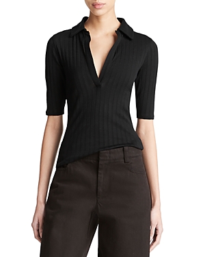 Vince Elbow-sleeve Silk Rib Polo Shirt In Black