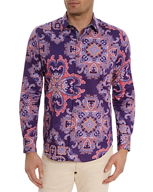 Shop Robert Graham Casino Royale Cotton Blend Classic Fit Button Down Shirt In Purple