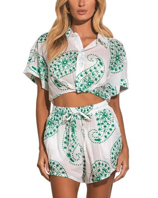 Elan - Printed Button Down Cover Up Shirt & Printed Drawstring Cover Up Shorts