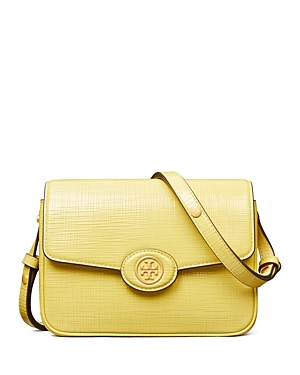 Shop Tory Burch Robinson Crosshatched Leather Convertible Shoulder Bag In Pale Butter/gold