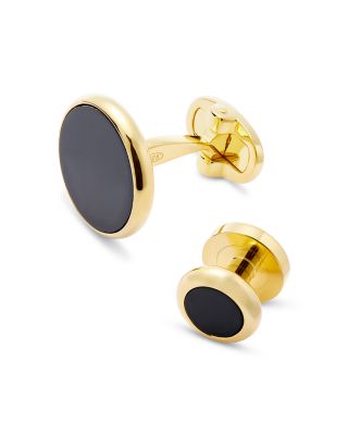 Gold-Tone Round Black Obsidian Stud & Cufflink Set