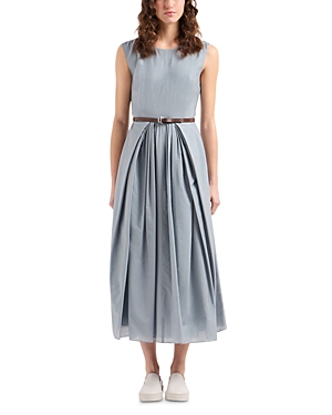 Shop Emporio Armani Belted Pleated Sleeveless Midi Dress In Solid Bright