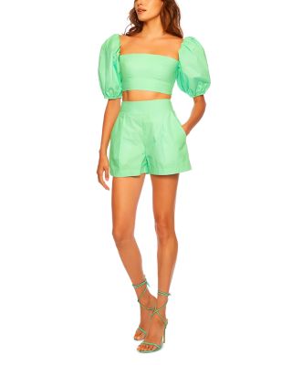 Cotton Puff Sleeve Cropped Top & Pleated Shorts