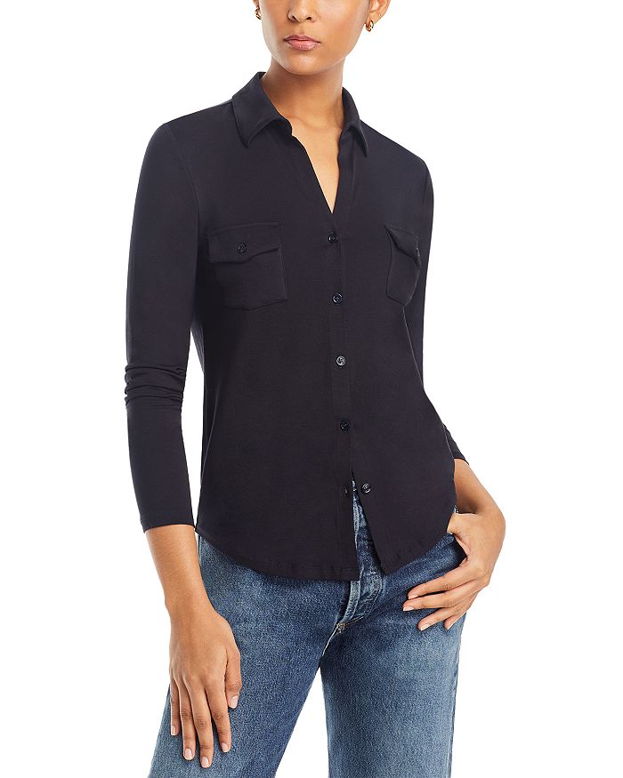 Shop Majestic Point Collar Button Front Shirt In Marine