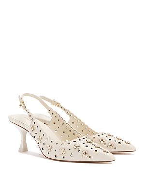 Shop Larroude Women's Jasmine Pointed Toe Flower Detail Perforated Slingback Pumps In Ivory