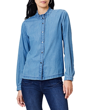 Shop Nic + Zoe Nic+zoe Ruffle Neck Denim Shirt In Dark Wash