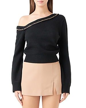Endless Rose Chain Trim One-shoulder Sweater In Black