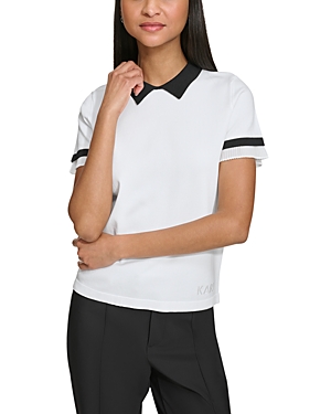 Shop Karl Lagerfeld Contrast Collar Ruffle Cuff Sweater In Soft White/black