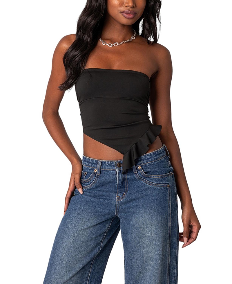 EDIKTED HAYLEY LACE UP RUFFLE TUBE TOP