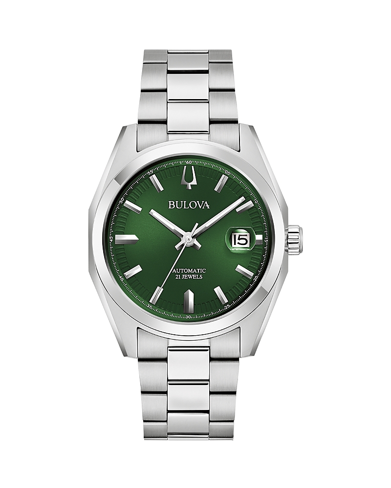 Bulova Surveyor Mens Automatic Silver Tone Stainless Steel Bracelet Watch 96b429 In Green/silver