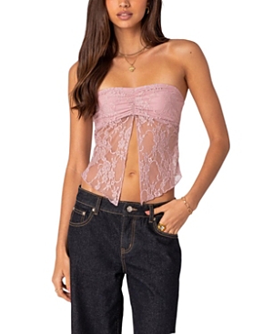 Edikted Twilight Strapless Lace Split Front Crop Top In Light Pink