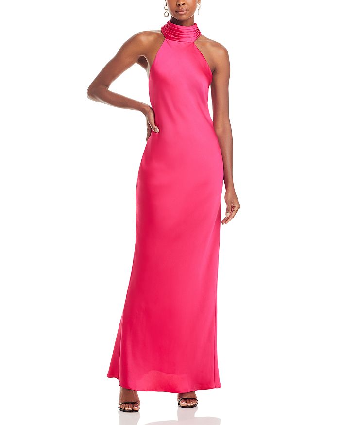 Shop Ramy Brook Tatiana Satin Halter Gown In Hot Pink