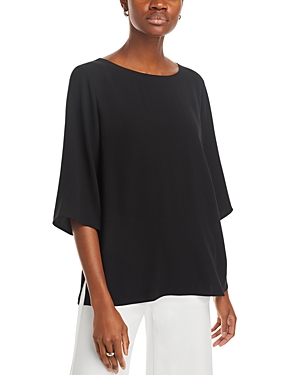 Shop Eileen Fisher Silk Three Quarter Sleeve Top In Black