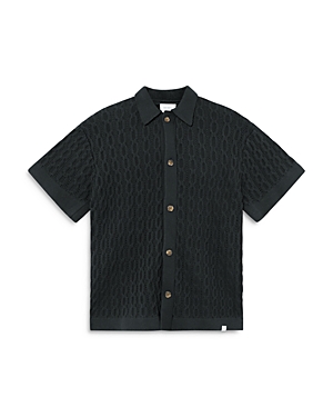 Shop Les Deux Garrett Cotton Knit Regular Fit Button Down Shirt In Dark Navy
