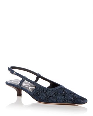 Gucci - Women's GG Embellished Denim Slingback Kitten Heel Pumps