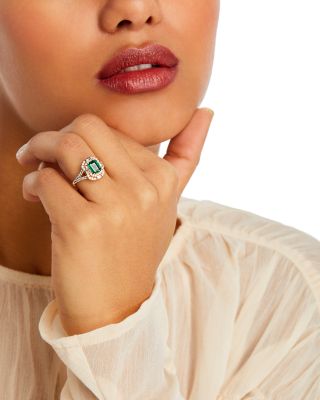 Emerald & Diamond Halo Ring in 14K Yellow Gold