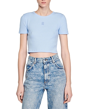 Shop Sandro Bee Fitted Crop Tee In Sky Blue