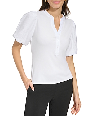 Dkny Puff Sleeve Mixed Media Henley Top In White