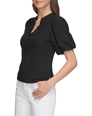 Dkny Puff Sleeve Mixed Media Henley Top In Black