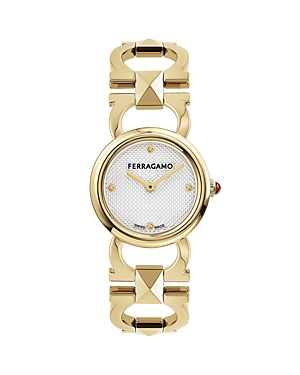 Shop Ferragamo Double Gancini Stud Watch, 25mm In Silver/gold