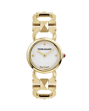 Ferragamo 25mm Double Gancini Stud Watch With Silver Dial, Yellow Gold In Silver/gold