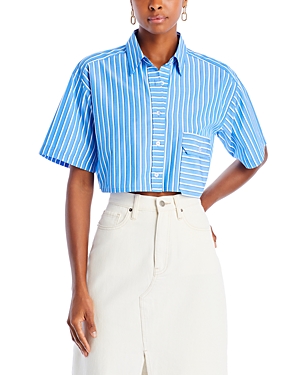 Shop Aqua Striped Cropped Button Up Shirt - 100% Exclusive In Blue