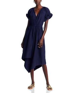 Shop A.l.c Odin Cotton Exaggerated Sleeve Asymmetric Midi Dress In Maritime Navy