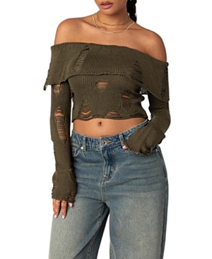 Shop Edikted Distressed Fold Over Sweater In Olive
