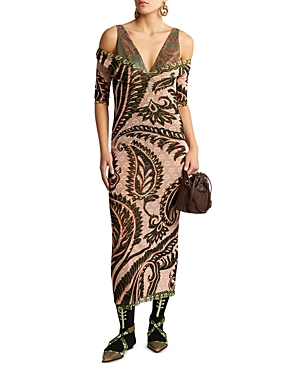Shop Etro Mixed Print Open Shoulder Midi Dress In Print On Pink Base