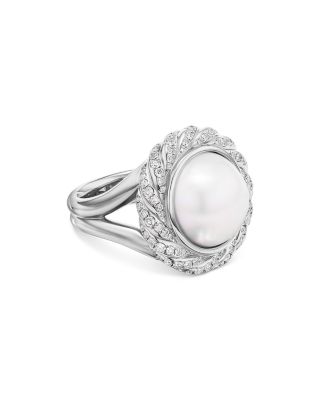 Sterling Silver Pearl South Sea White Pearl & Diamond Halo Ring