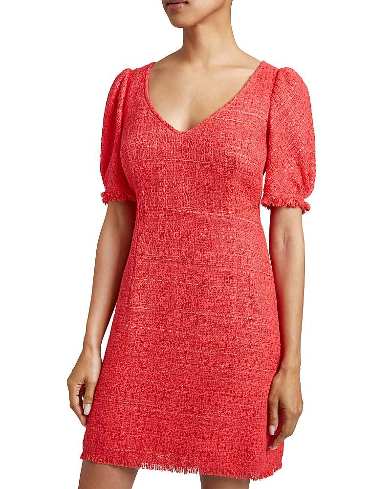 Santorelli Bianca Fringe-trim Puff-sleeve Tweed Mini Dress In Vermilion