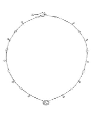18K White Gold Interlocking G Diamond Dangle Pendant Necklace, 15-16.5"