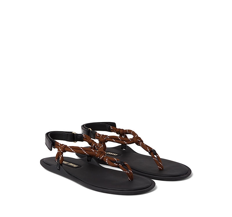 Miu Miu Tobacco-coloured Riviere Sandal In Rope And Leather In Black