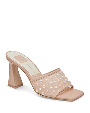 Shop Dolce Vita Women's Narda Pearl Square Toe Embellished High Heel Sandals In Blush Mesh