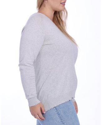  Plus Size Cotton Distressed Long Sleeve V-Neck Sweater