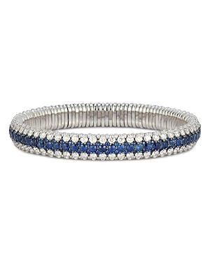 18K White Gold Blue Sapphire & Diamond Three Row Stretch Bracelet
