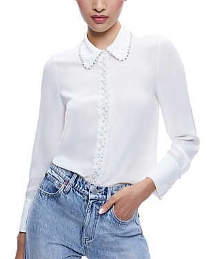 Shop Alice And Olivia Willa Silk Embellished Blouse In Off White