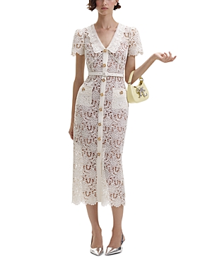 Shop Self-portrait Lace Midi Dress In Beige