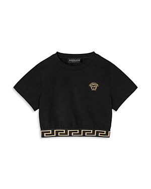Shop Versace Girls' Medusa Embroidered Cropped Tee - Big Kid In Black+gold
