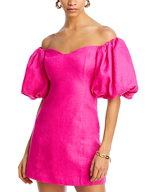Shop Rhode Dali Linen Puff Sleeve Dress In Hot Pink