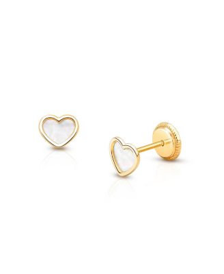 Tiny Blessings - Girls' 14K Gold Genuine Love Mother of Pearl Heart Studs - Baby, Little Kid, Big Kid