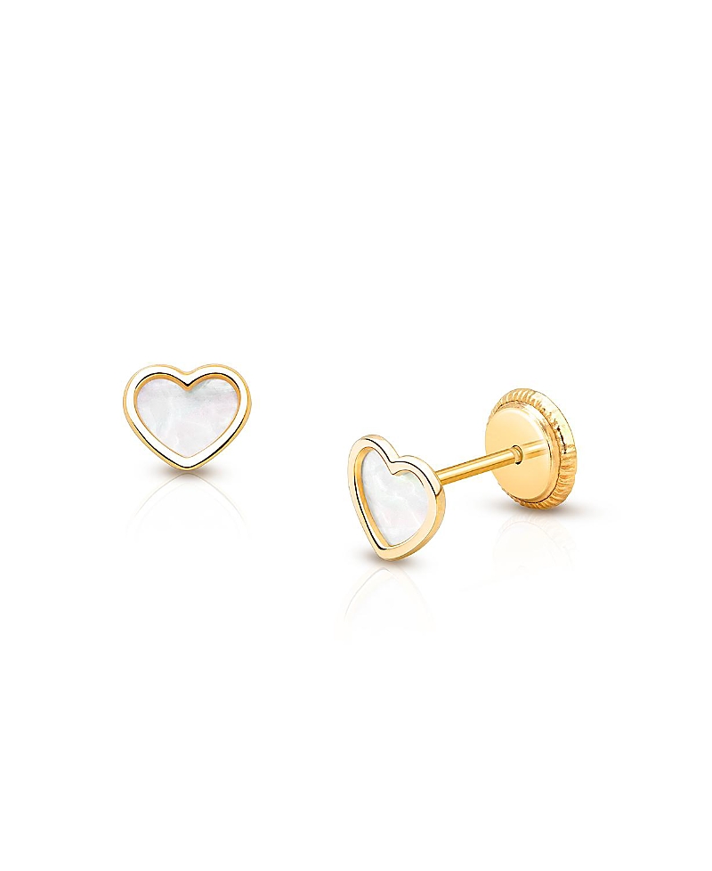 Tiny Blessings Girls' 14K Gold Genuine Love Mother of Pearl Heart Studs - Baby, Little Kid, Big Kid