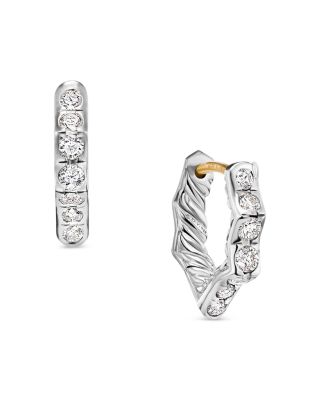 David Yurman Stax Zig Zag Huggie Hoop Earrings in Sterling Silver with Diamonds, 13mm
