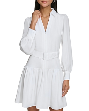 Shop Karl Lagerfeld Belted Zip Up A Line Dress In Soft White