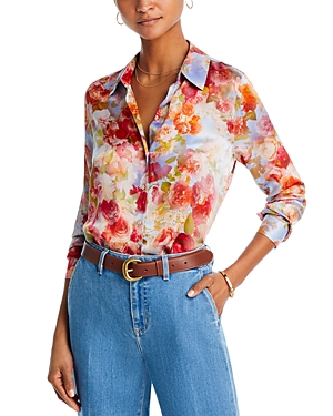 L Agence Tyler Floral Print Button Front Silk Shirt In Multi Soft