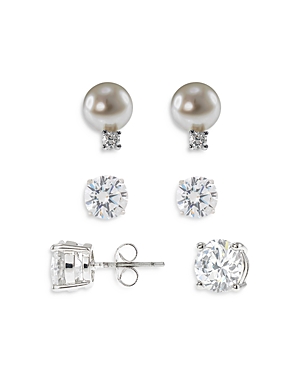 Cz By Kenneth Jay Lane Cubic Zirconia & Cultured Freshwater Pearl Stud Earring Set In Silver