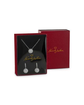 Round Pav&eacute; Halo Earrings & Pendant Necklace Set