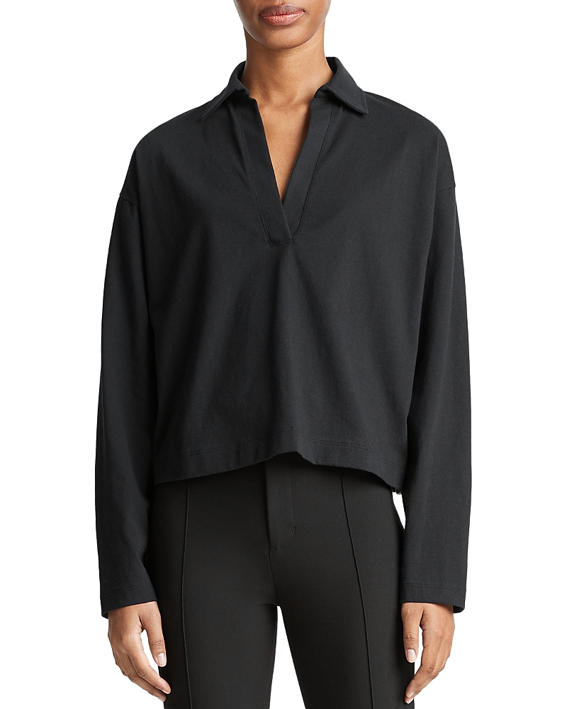 Vince Long-sleeve Silk Pullover Polo Top In Black